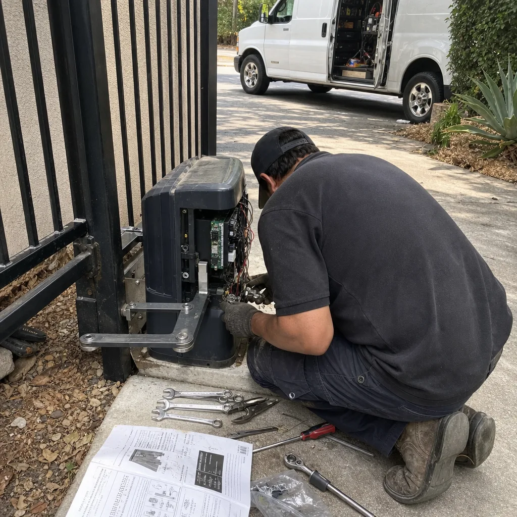 Technician performing professional electric gate motor repair and maintenance