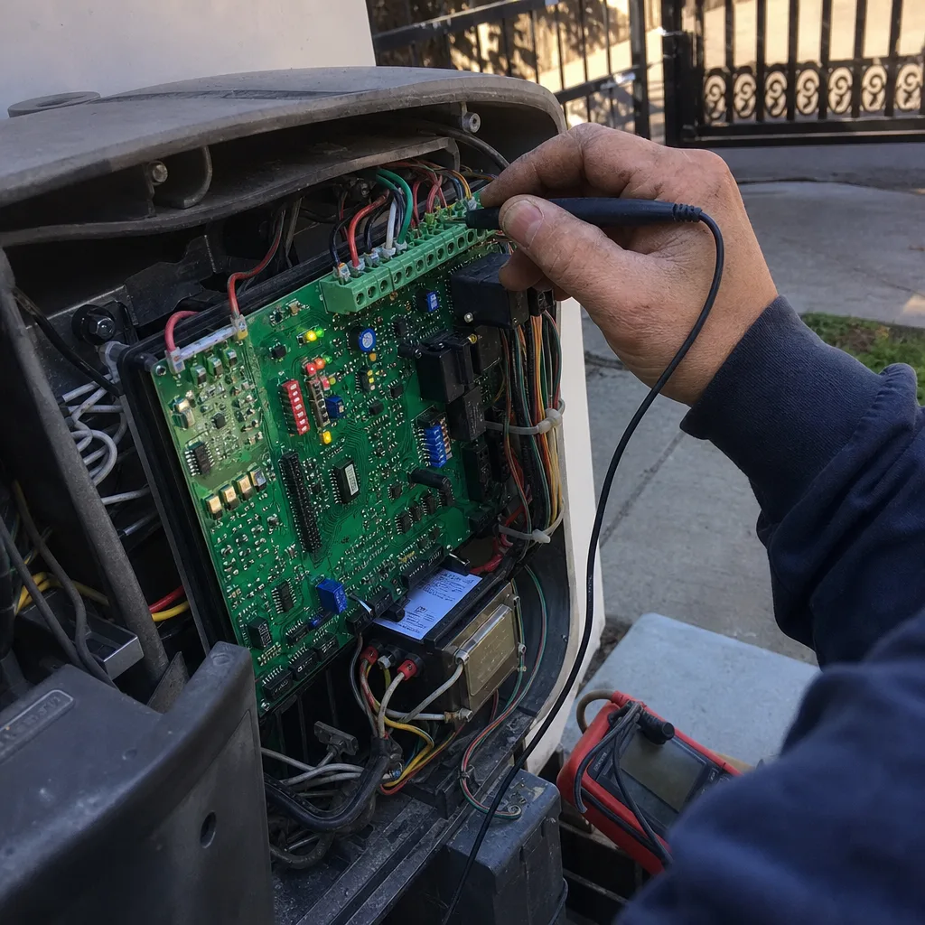 Technician using multimeter for electric gate circuit board repair