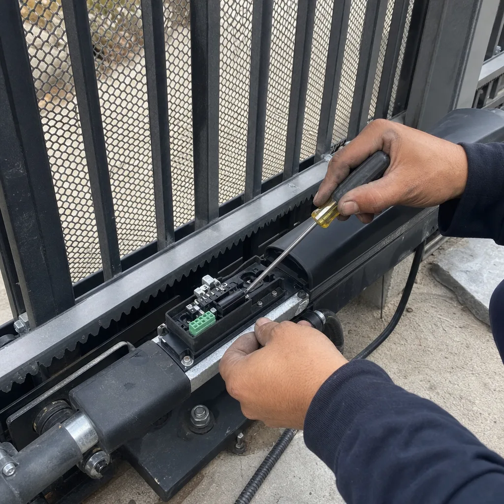 Technician performing professional electric gate repair and maintenance on sliding gate