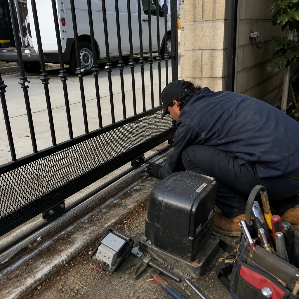 Technician performing professional automatic sliding gate motor repair and maintenance.