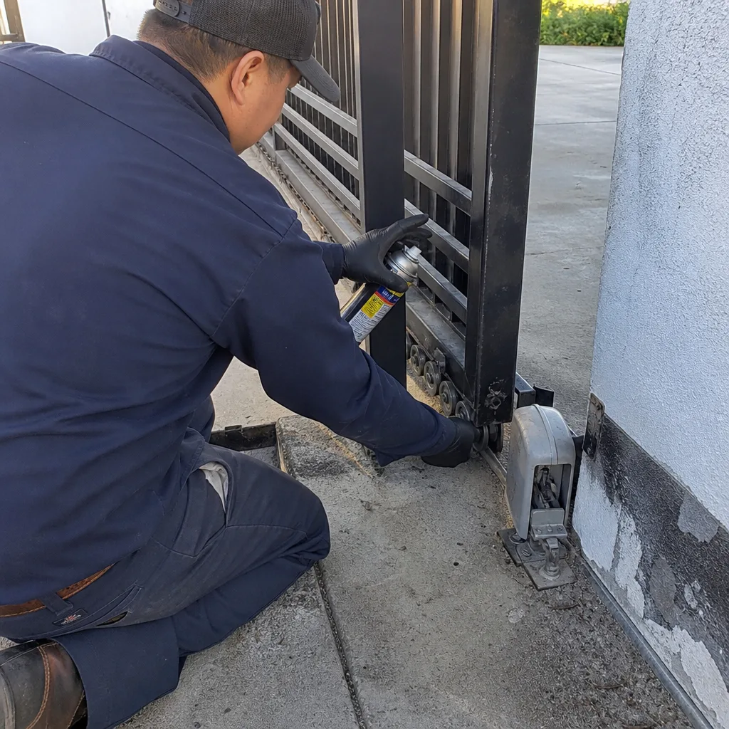 Technician performing professional sliding gate motor repair and maintenance