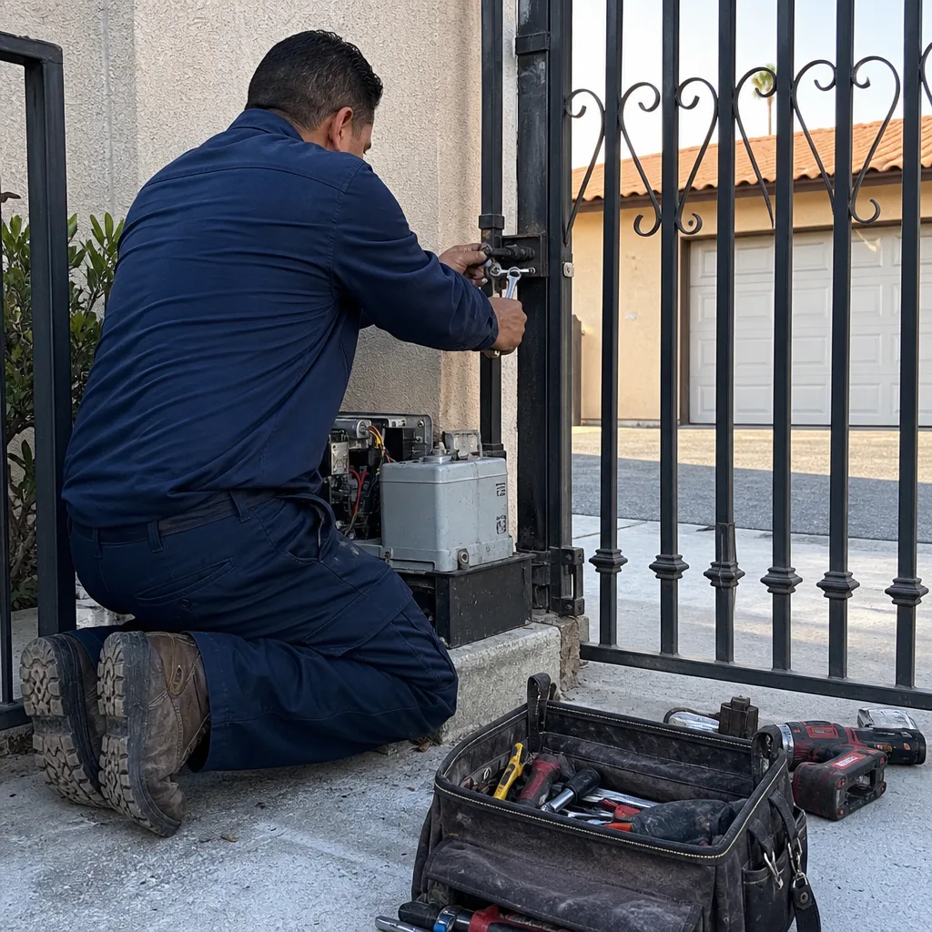 Technician performing gate motor repair and maintenance on a metal driveway gate